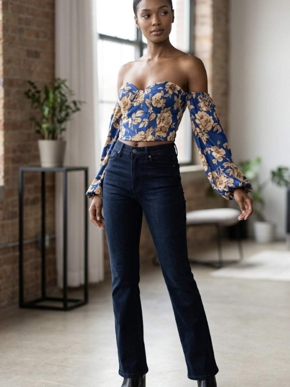 SHEIN Blue Floral Off-Shoulder Crop Top